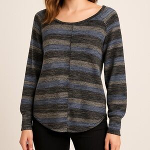Free People Striped Knit Long Sleeve Top Gray Blue Boho Casual Womens Sweater XS